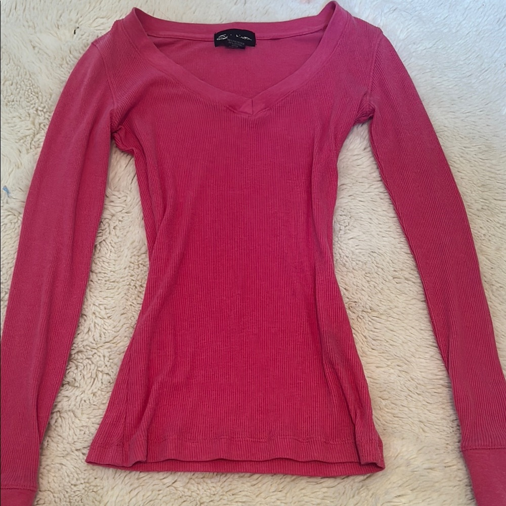 Pink Fitted Long Sleeve Blouse with Scoop Neck